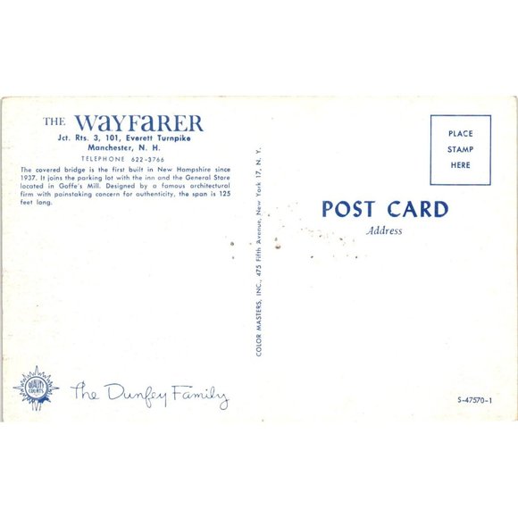 The Wayfarer Covered Bridge Postcard Travel Souvenir Manchester New Hampshire - Picture 2 of 2
